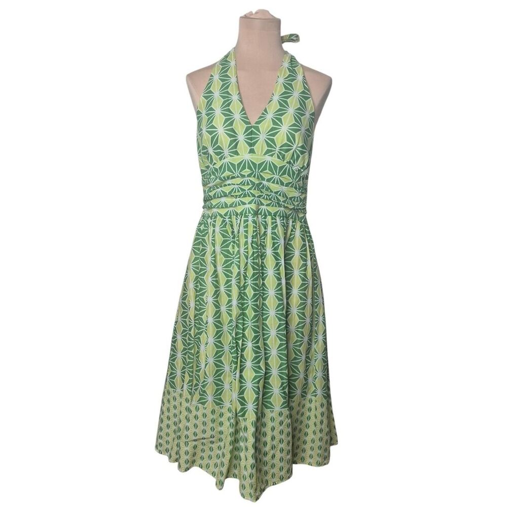 Amanda Lane Green & White Geometric Halter Dress Y2K Size 6